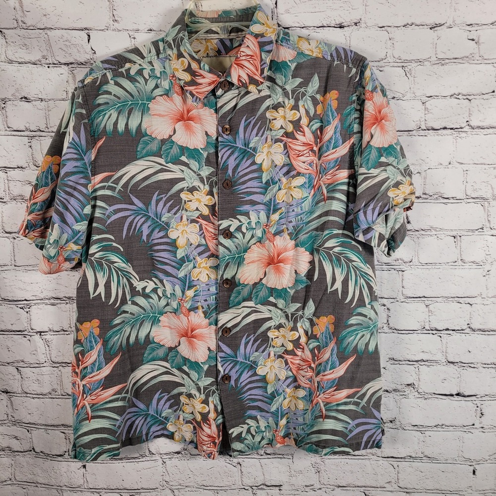 Men's Island Republic Large Gray Floral Hawaiian Button 100% Silk Shirt